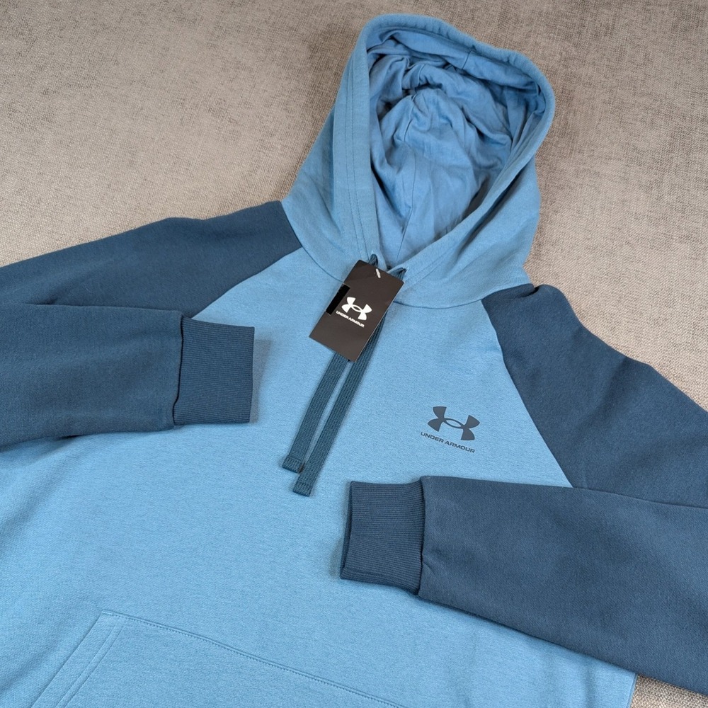 Under Armour Rival Fleece Hoodie Mens M Blue Colorblock Active Streetwear NEW